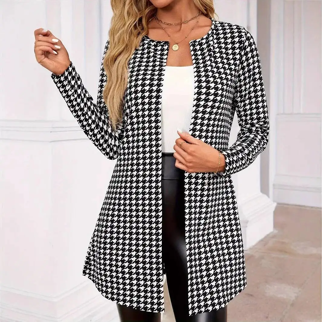 Spring Autumn Women's Large Size Plaid Print Jacket Round Neck Small Western Style Long Sleeve Comfortable Casual Fashion