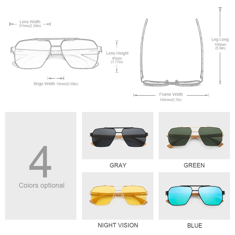 Wood Sunglasses For Men Women Square Metal Sun Glasses Blue Lens UV Protection New Eyewear Night Driving Glasses 9006