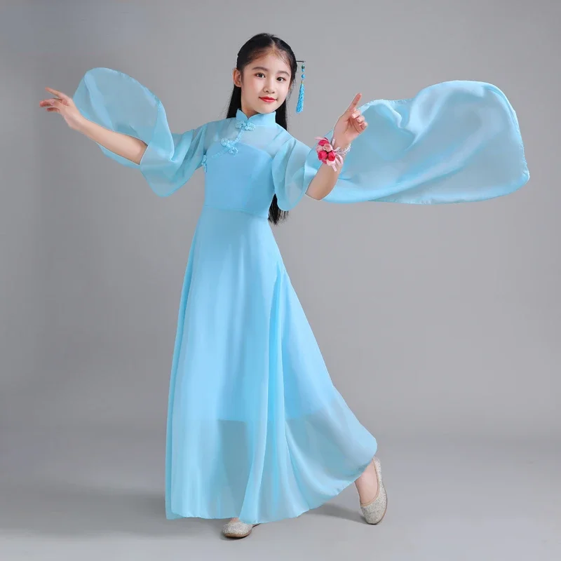 Traje de performance infantil guzheng hanfu, traje clássico tradicional antigo para meninas, nacionalidade, piano folclógico de dança, vestido de palco