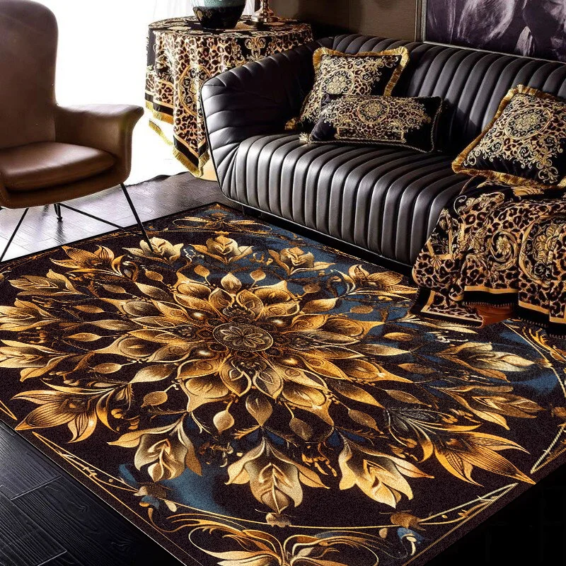 Modern Luxury Golden Floral Pattern Soft Carpet Home Bedroom Decor Large Rugs Kitchen Bathroom Non-slip Floor Mat Customizable