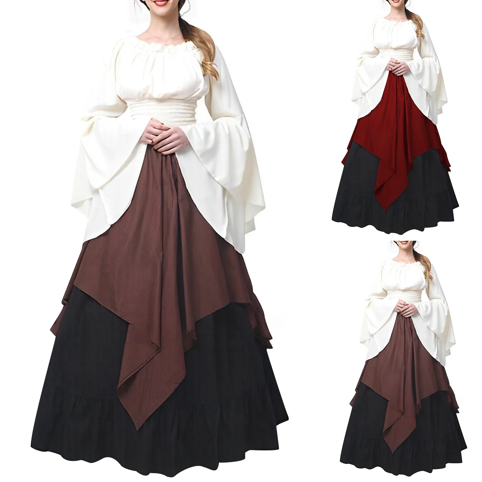 

New Halloween Women Medieval Cosplay Costumes Gothic Retro Victoria Middle Ages Carnival Long Sleeve Pleated Corset Dress