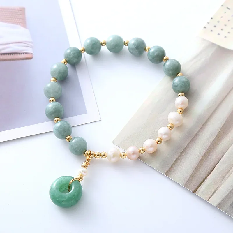 

Handmade Jade Beaded Bracelet with Natural Freshwater Pearl for Women Green Stone Fine Jewelry 2024 Hot Selling Girls Decoration