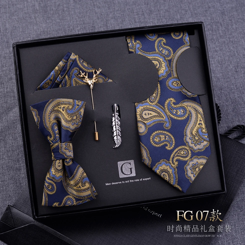 High Quality 8CM Wide Tie Men's Boutique Gift Box Set Fashionable Paisley Pattern Formal Dress Shirt Accessories Boyfriend Gift