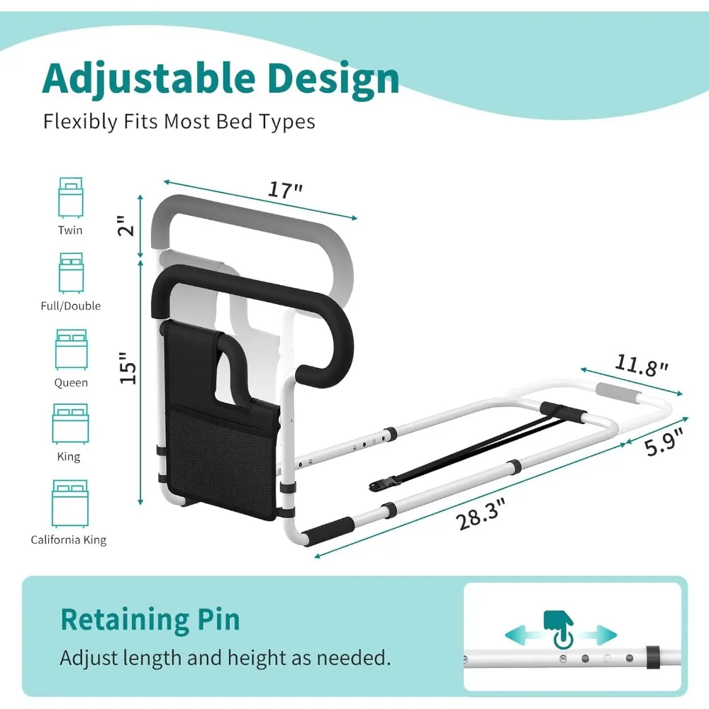 Riel de seguridad para cama ajustable para personas mayores con bolsillos de almacenamiento, soporta 300 libras, se adapta a todos los tamaños de colchón