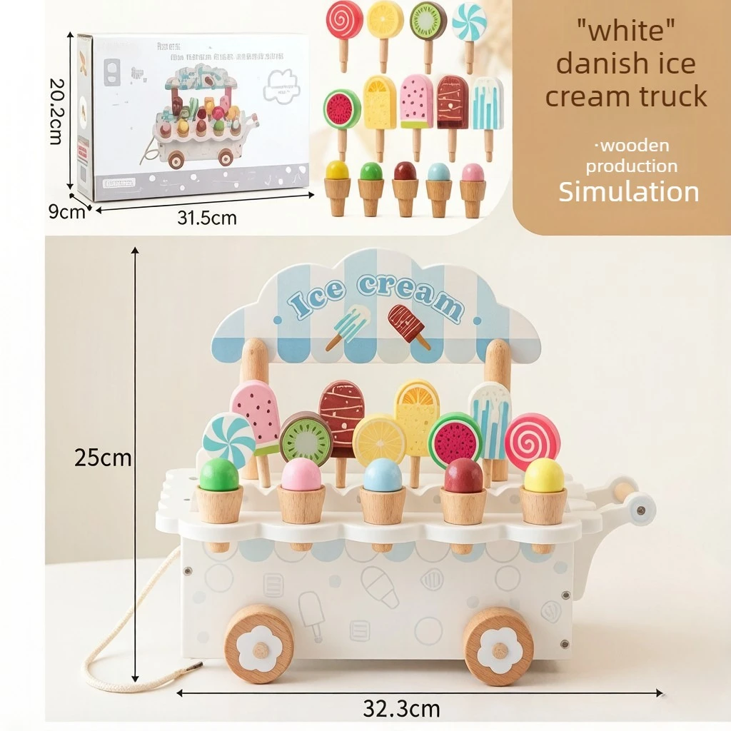18Pcs Wooden Ice Cream Cart Playset, pretend popsicle candy toys, role play birthday gifts for boys & girls above 3 years old