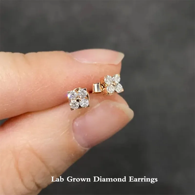 0.2 Ctw Four Clover Stud Round Cut DEF-VS VVS Lab Grown Diamond CVD HPHT Earrings For Women 14K 10K Gold Earrings For Gift