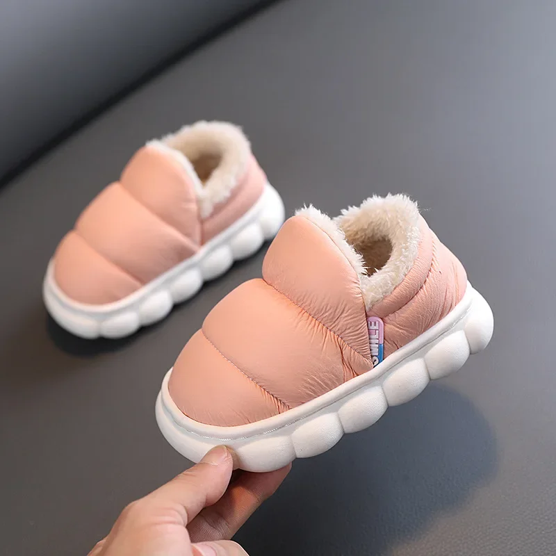 

Children Winter Piled Thickened Cotton Slippers Girls Baby Lint Cotton Shoes Boys Waterproof Non Slip Snow Boots Solid Color