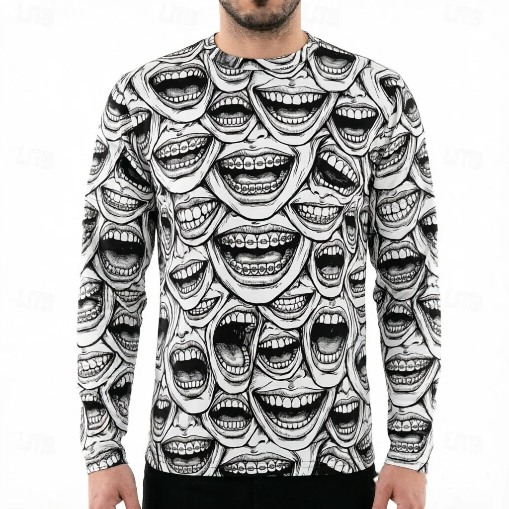 Herren Langarm-T-Shirt mit 3D-Volldruck, Horror-Augen-Mund-Muster, Gothic Grusel-Kunst Streetwear Rundhals-Oberteil – Detail 5
