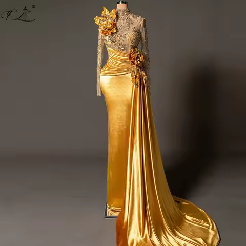 Gold 3d Floral Velvet Dress Crystal Mermaid Evening Dress Train Sheer Party Dress Long Sleeves Cocktail Prom Dress Customizable