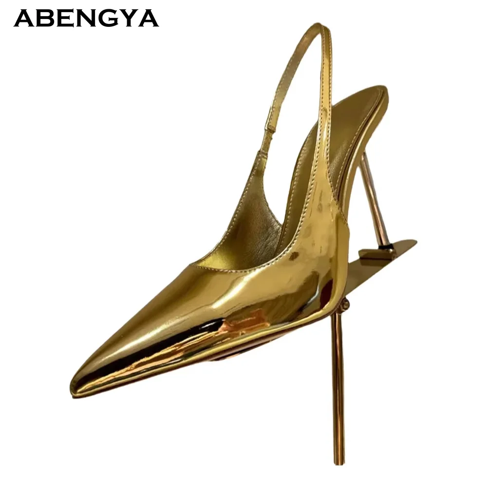 

2026 Designer Leather High Heel Shoes Woman Pointy Toe Slingbacks Mules Dress Shoes Summer Fashion Party Banquet Shoes For Women