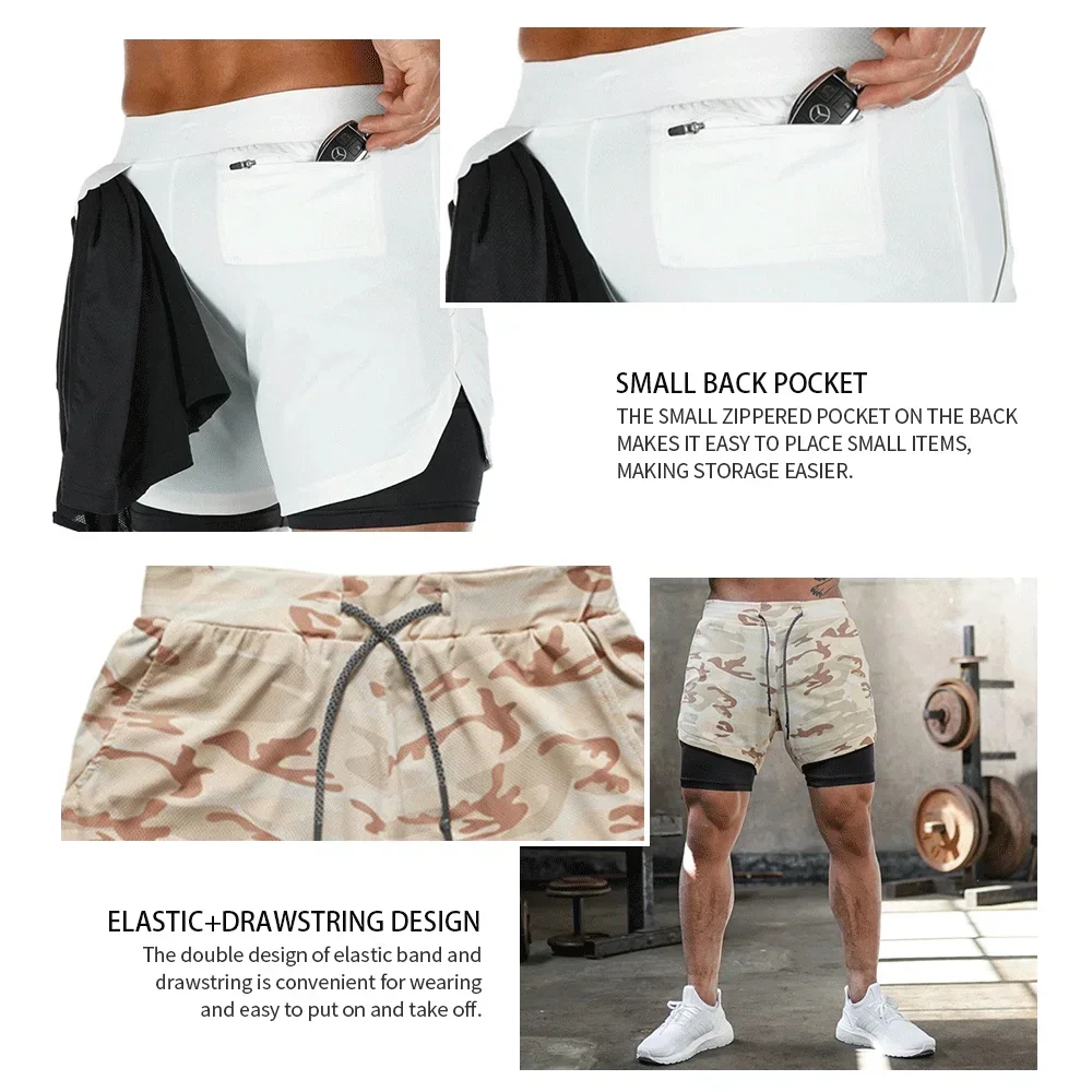 2023 Summer New Camo Running Shorts Men\'s Gym Shorts Double layered 2-in-1 Quick Dry Breathable Sports Jogging Training Shorts