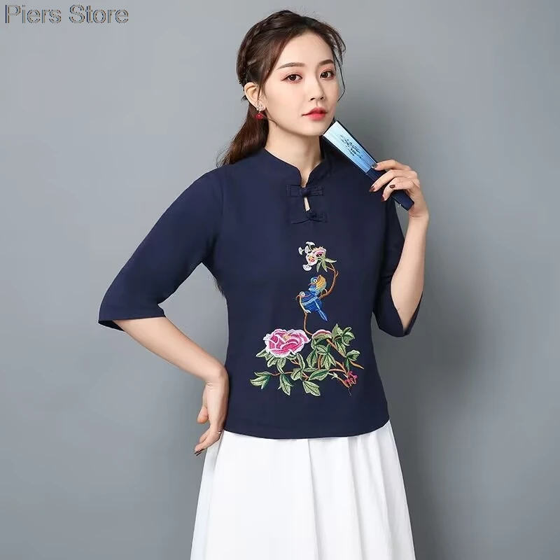 Vintage algodão linho chinês tang terno feminino verão solto tradicional hanfu topo elegante estilo nacional blusa 2xl bordado