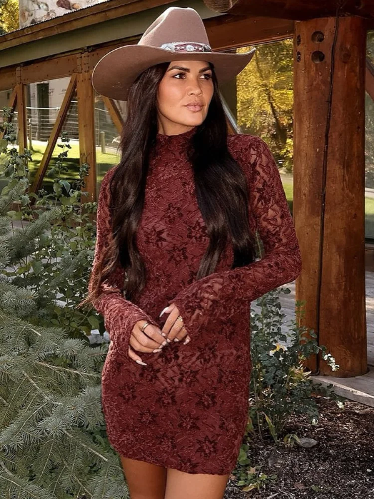 花刺繍レトロミニドレス女性のセクシーなフルスリーブスリムハイウエストタートルネックショートドレスレディ休暇ストリートガウン