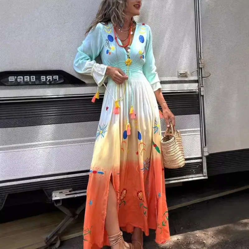 Abito Boho plissettato Abiti da vacanza Corsetto da donna Abito lungo da vacanza bohémien Manica lunga svasata sexy Scollo a V Vita elastica