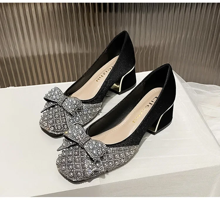 Plus Size Women Shoes Rhinestone Pearl Pumps Girl Spring Summer New Party Bowknot Casual High Heels Shoes Ladies Loafers