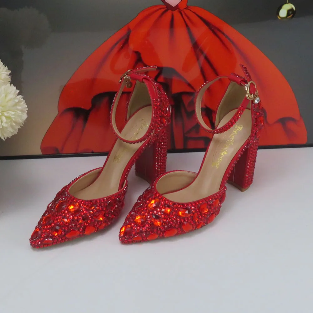 Red Crystal Bridal Wedding shoes and bag Woman Thick Heel High Pumps Party Evening shoes Shallow Ankle Strap Buckle shoe