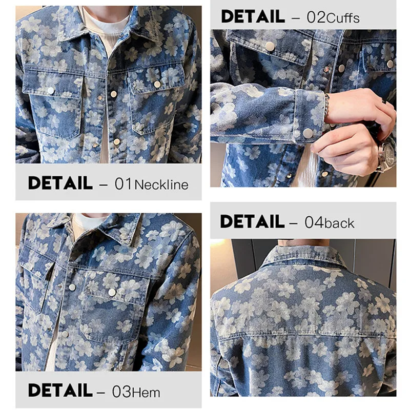 2026 Men\'s Red Printed Denim Jacket, Single Breasted Square Collar Coat, White Blue Trim, Asian Size M-4XL