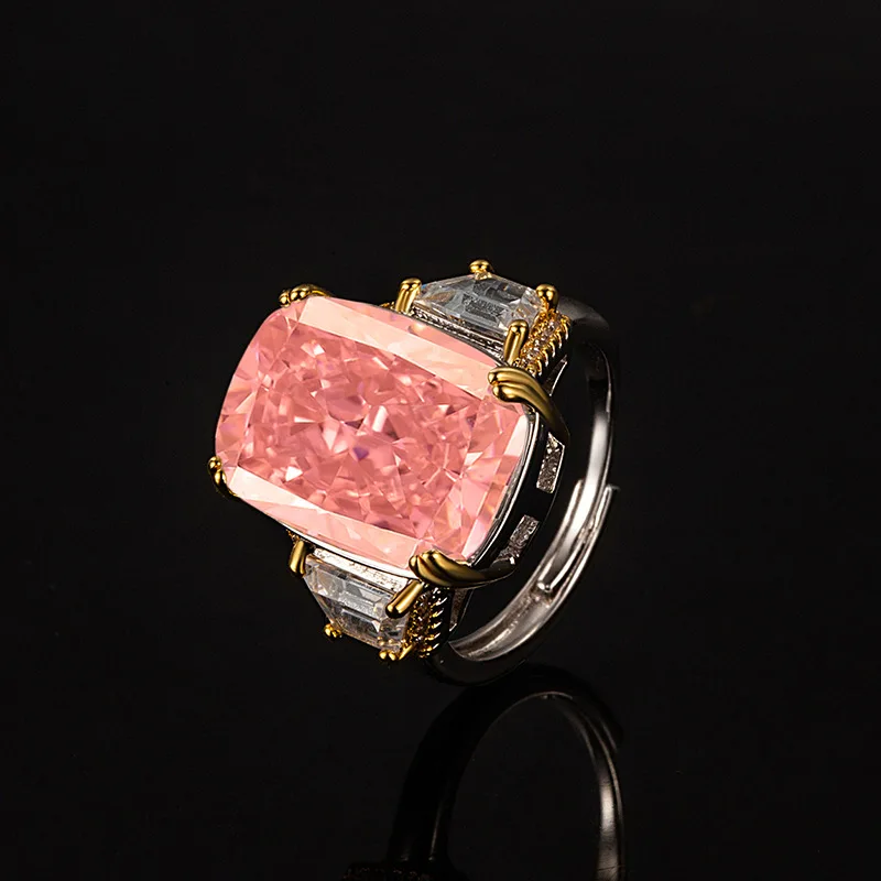 

Elegant Large Long Rectangular Ring for Women, S925 Sterling Silver Ice‑Cut Padparadscha Zircon, 12×16mm Main Stone