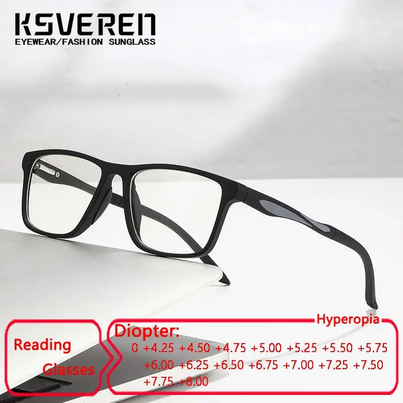 

KSVEREN Men Rectangle Reading Glasses Men Women Blue Light Blocking Presbyopia Glasses Readers Highly Strength+4.5 5.5 8.0