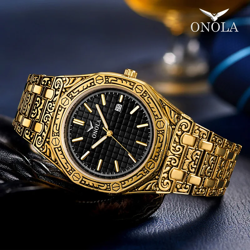 Watch Men's Waterproof Steel Strip Classic Retro Printed Gold Watch Personalized Trendy Business Male Fashion Quartz Watches