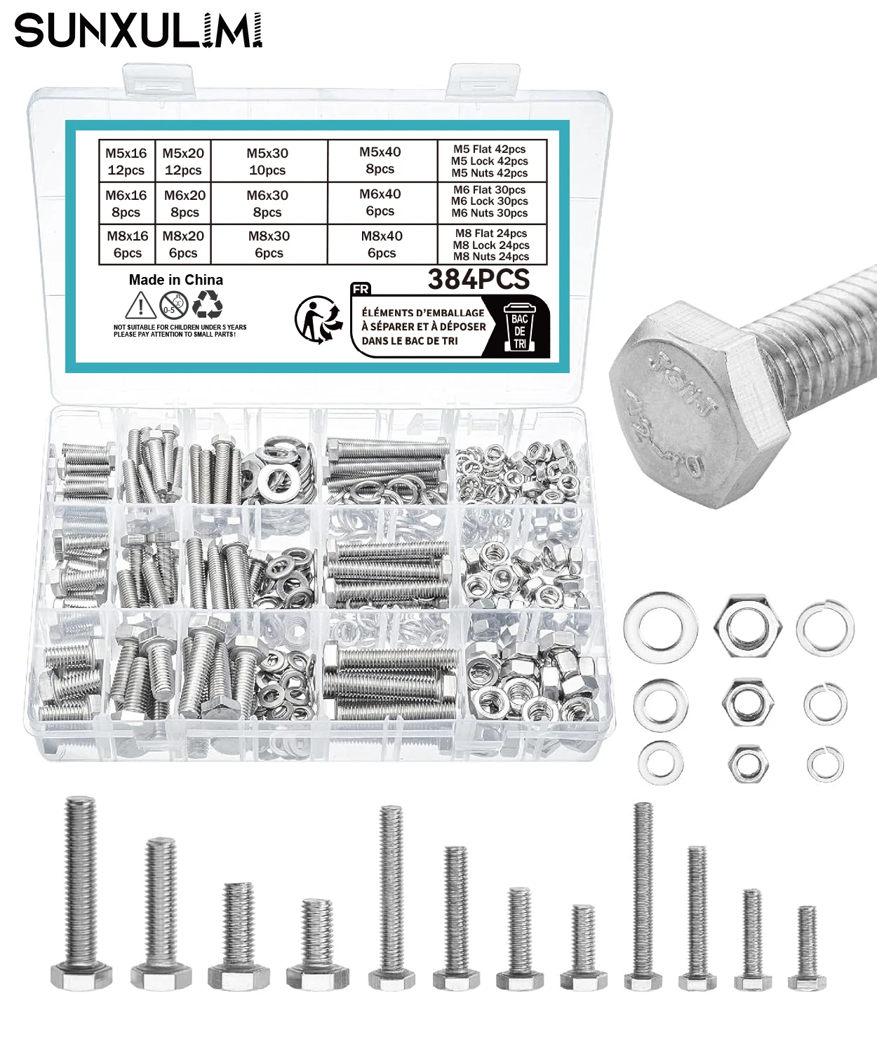 

384 items, M5, M6, M8 hexagonal head metric bolts and nuts classification, flat lock washers with transparent storage box, hardw