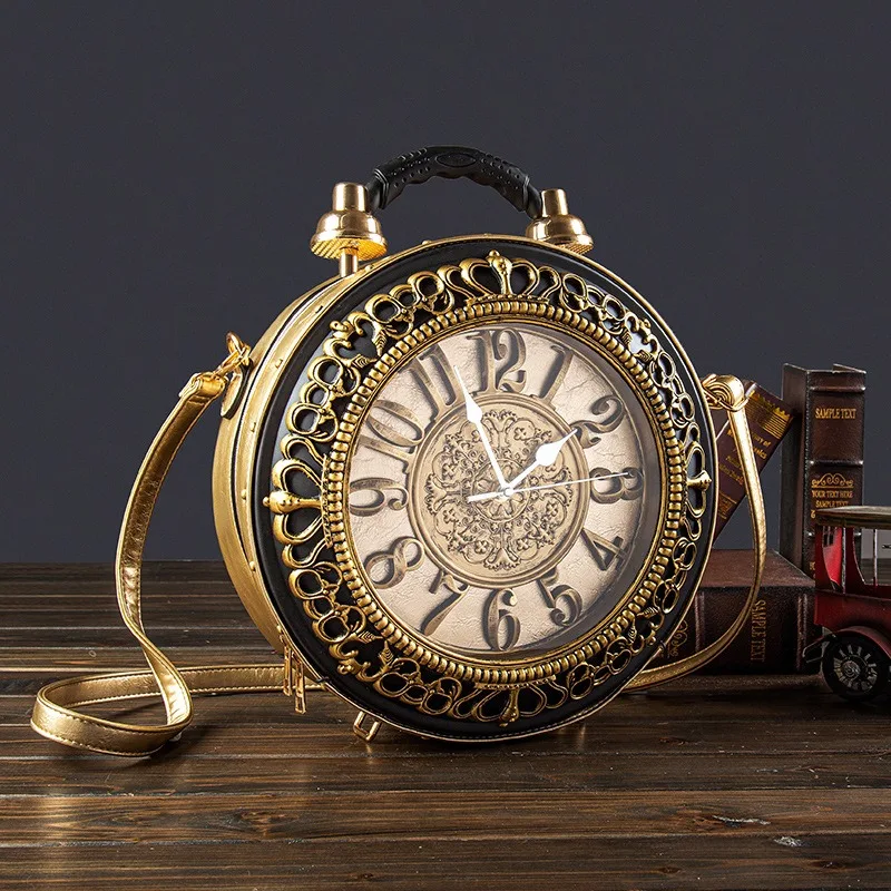 Nesitu Circular Personality Real Clock PU Leather Women Shoulder Messenger Bag Vintage Handbag Tablet Phone Purse Lady M2020