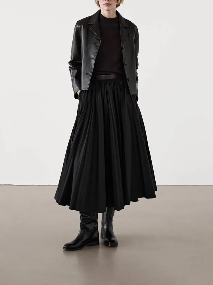 Fall New Arrival ZA2024 Women's Commuter Sle Waisand Leather Panelled Pleated  Skirt Mid-Length A-Line Skirts