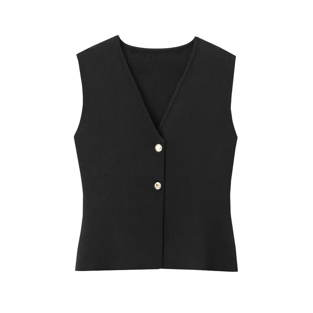 TRAF 2024 Cropped Knit Vest Women Summer Sleeveless Vests for Women Button Crop Vest Top Women Holiday Beach Female Vest