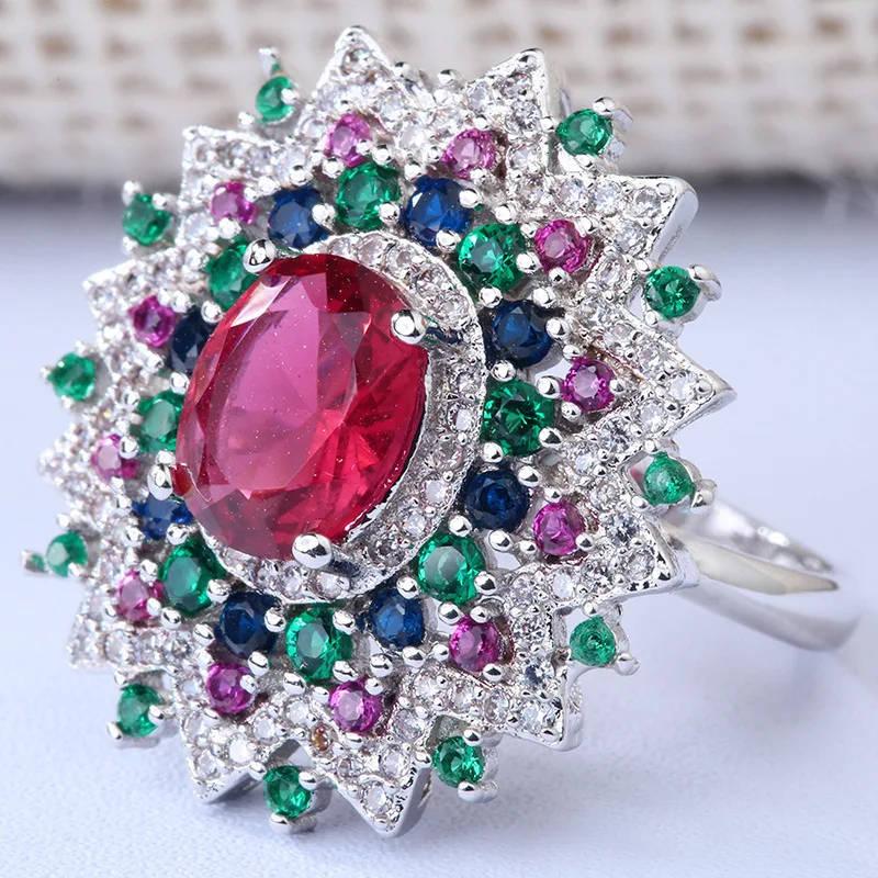 European and American Jewelry Fashion Light Luxury Four-claw Red Zircon Ring Copper Inlaid Colored Diamond Female Gemstone Ring