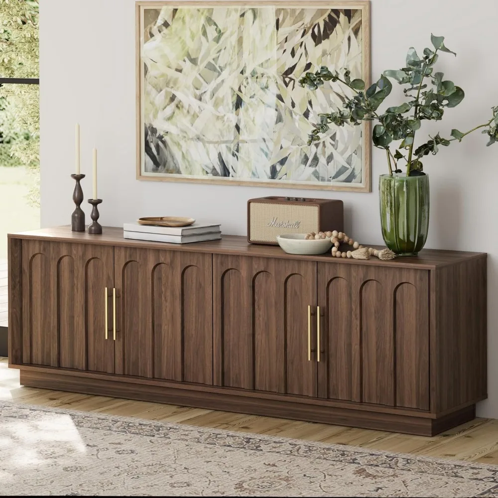 حامل تلفزيون حديث لمنتصف القرن مقاس 75 بوصة مع نمط مقوس، ولمسة نهائية من الخشب، ووحدة تحكم وسائط قابلة للتعديل