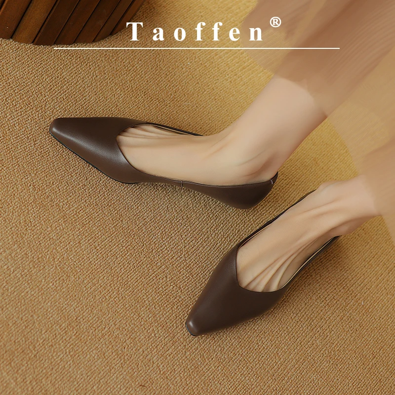 Taoffen New Arrival Women\'s Flat Shoes Real Leather Pointed Toe Summer Shoes Fashion Slip On Footwear Solid Office Lady Pumps