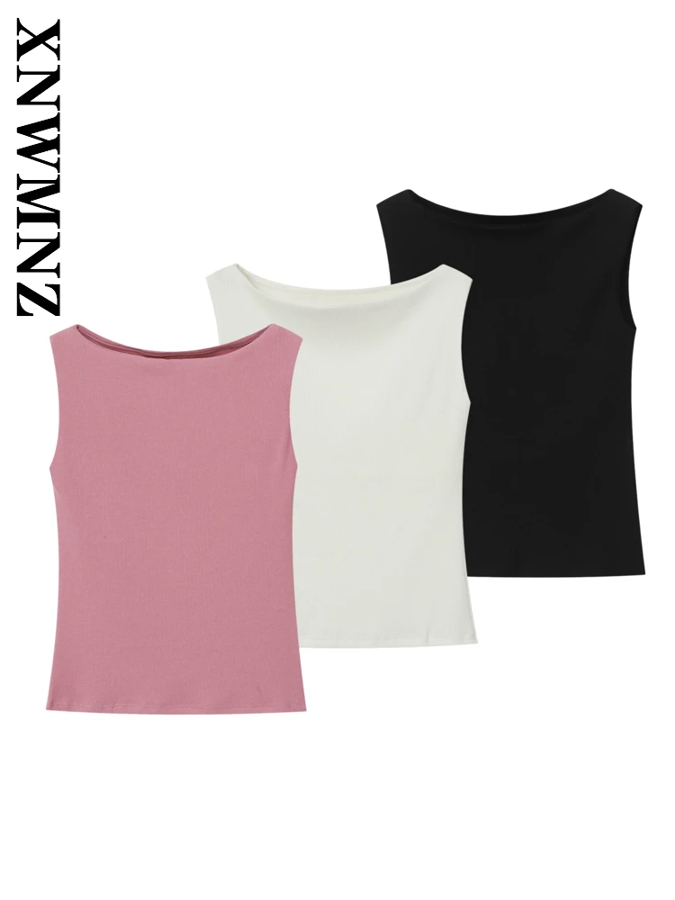 

XNWMNZ 2025 Summer New Woman Fashion Simple Sleeveless O-Collar Knitted Top Casual Woman's Solid Color T-shirt Vintage Short