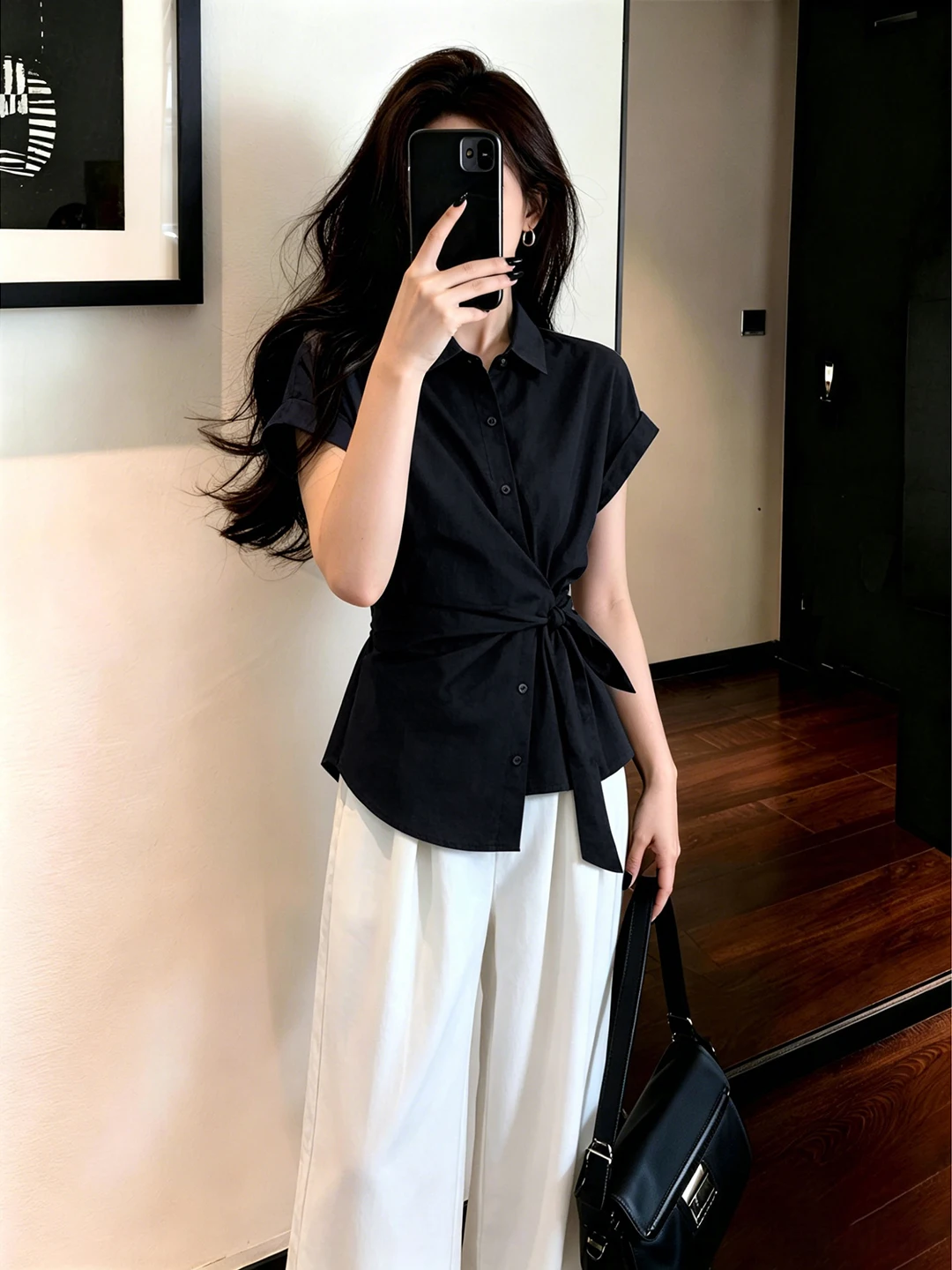 

Summer 2026 Women's Slim Fit Short Sleeve Shirt Black Casual Versatile Top Knot Waist Design Korean Style Commute Fashion