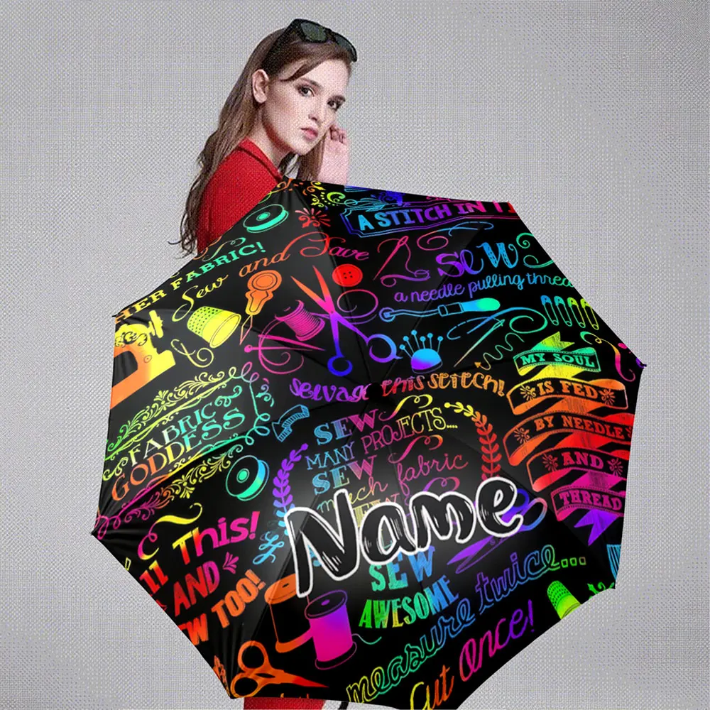Custom Name Umbrella Colorful Sewing-Themed Quotes and Patterns Umbrella Design Portable Folding Umbrella,Christmas Gift