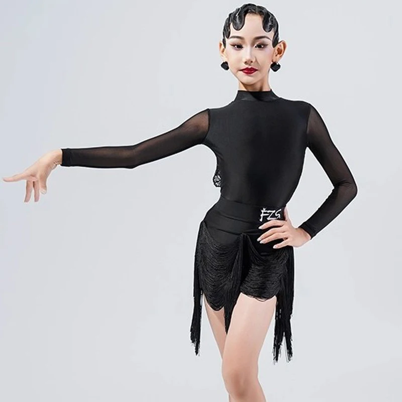 أزياء سوداء قاعة الرقص المنافسة فساتين أطفال أداء الرقص ملابس الفتيات الرقص اللاتينية مهدب زي