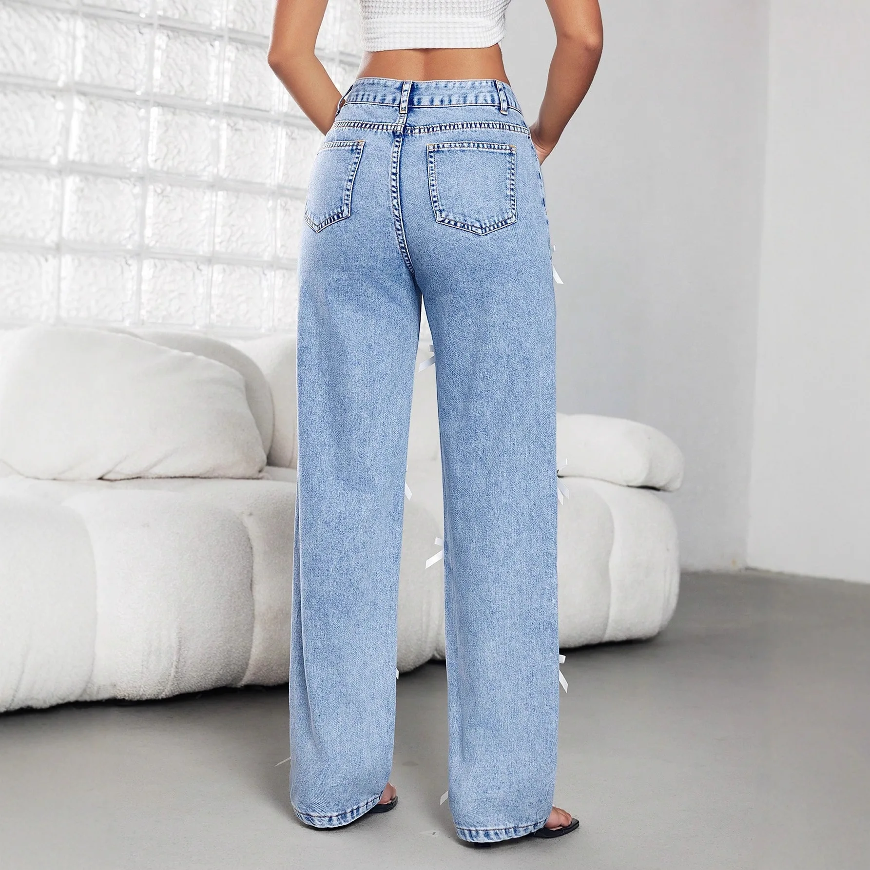 Jeans Straight Wide Leg Pants Women Bow Floor Length Mid Waist Distressed Washed Female Vintage Denims Trousers Streetwear