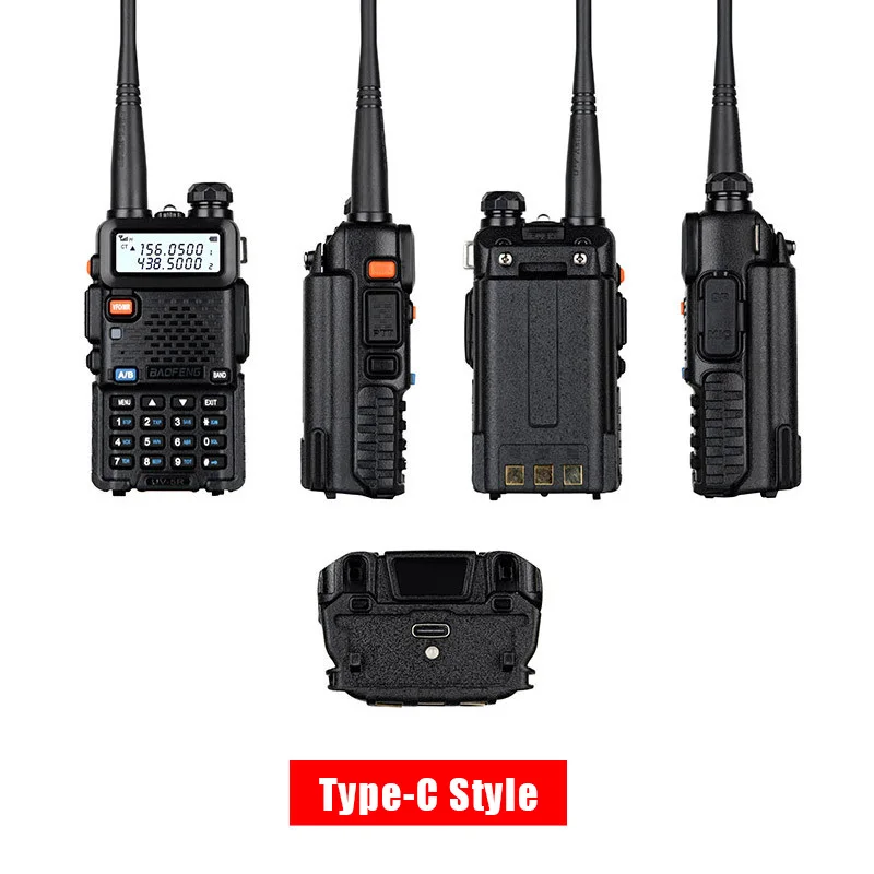 Baofeng-UV 5R Portátil Walkie Talkie, Rádio em Dois Sentidos, Versão Atualizada, Suporte Tipo-C ou Carregamento USB, Receptor de Rádio, 8W