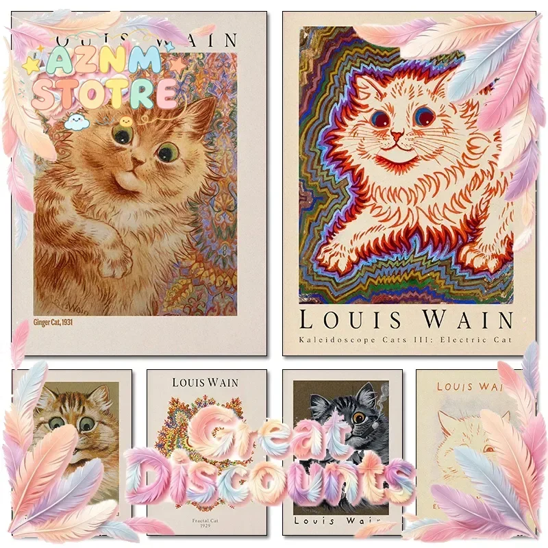 (2D canvas painting)Louis Wain Ginger Kaleidoscope Cat Poster Retro Funny Animal Canvas Painting Wall Art for Kid's Room Dorm