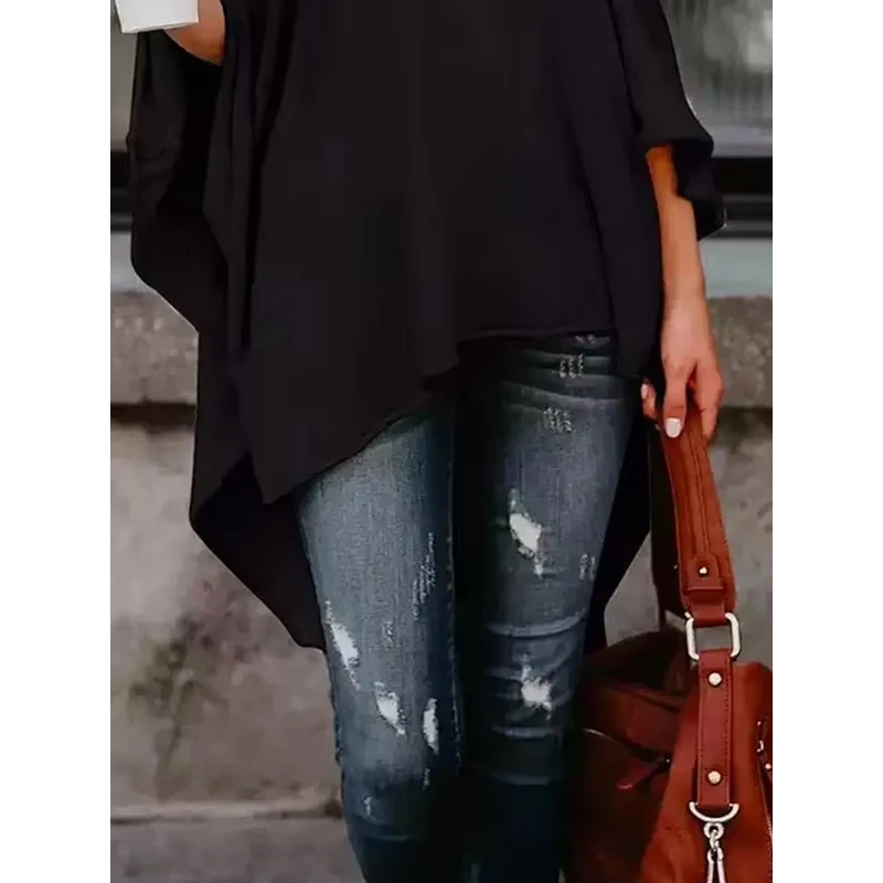 Gymystars Spring Summer High-low Asymmetric Solid Color Top 2024 New Loose Casual High-neck T-Shirts Tops For Women