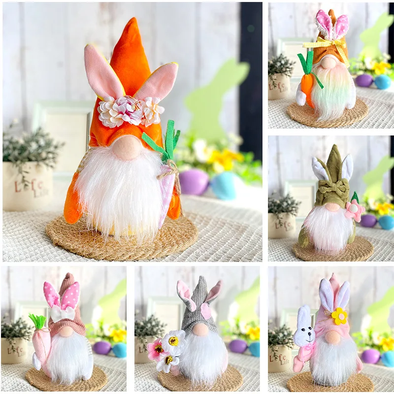 Easter Faceless Holding Flower Gnome Rabbit Doll Handmade Reusable Home Decoration DIY Spring Easter Bunny Ornaments Kids Gift