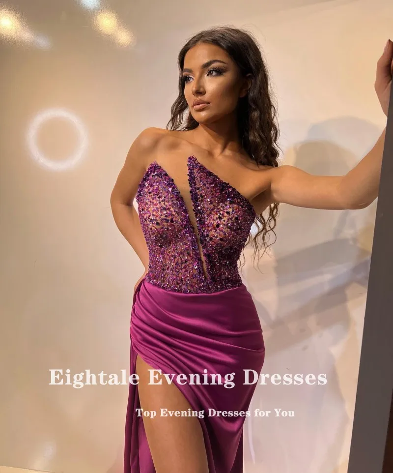 Eightale Sexy Evening Dresses Sequined Beaded Satin Prom Gown High Side Slit Long Formal Arabic Party Dress for Wedding