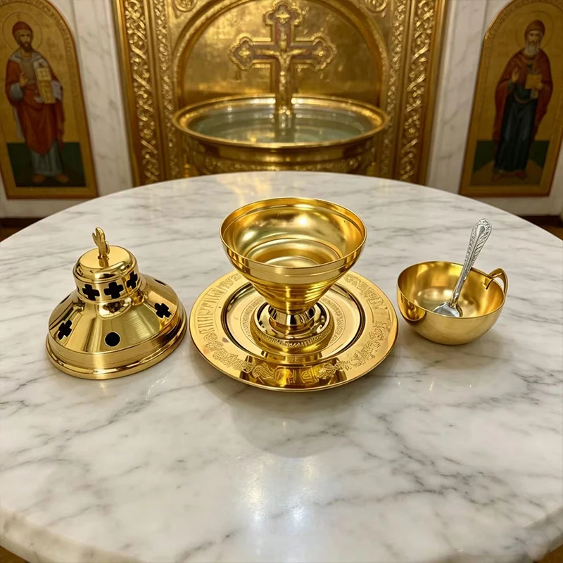 New Gold Plated Orthodox Incense Burner Censer Set with Tray Spoon for Church Liturgy Home Altar Prayer Christian Gift Decor