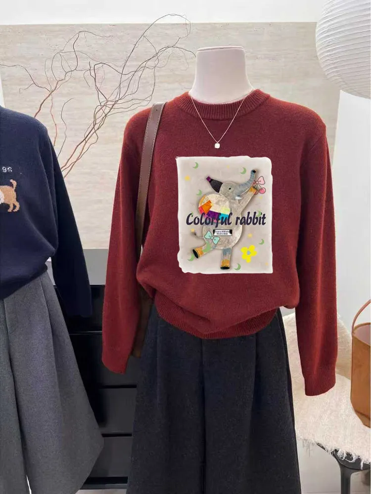 

Праздничный винно-красный вязаный свитер для женщин: универсальный теплый топ с круглым вырезом и длинными рукавами, модный, омолаживающий, для молодых женщин