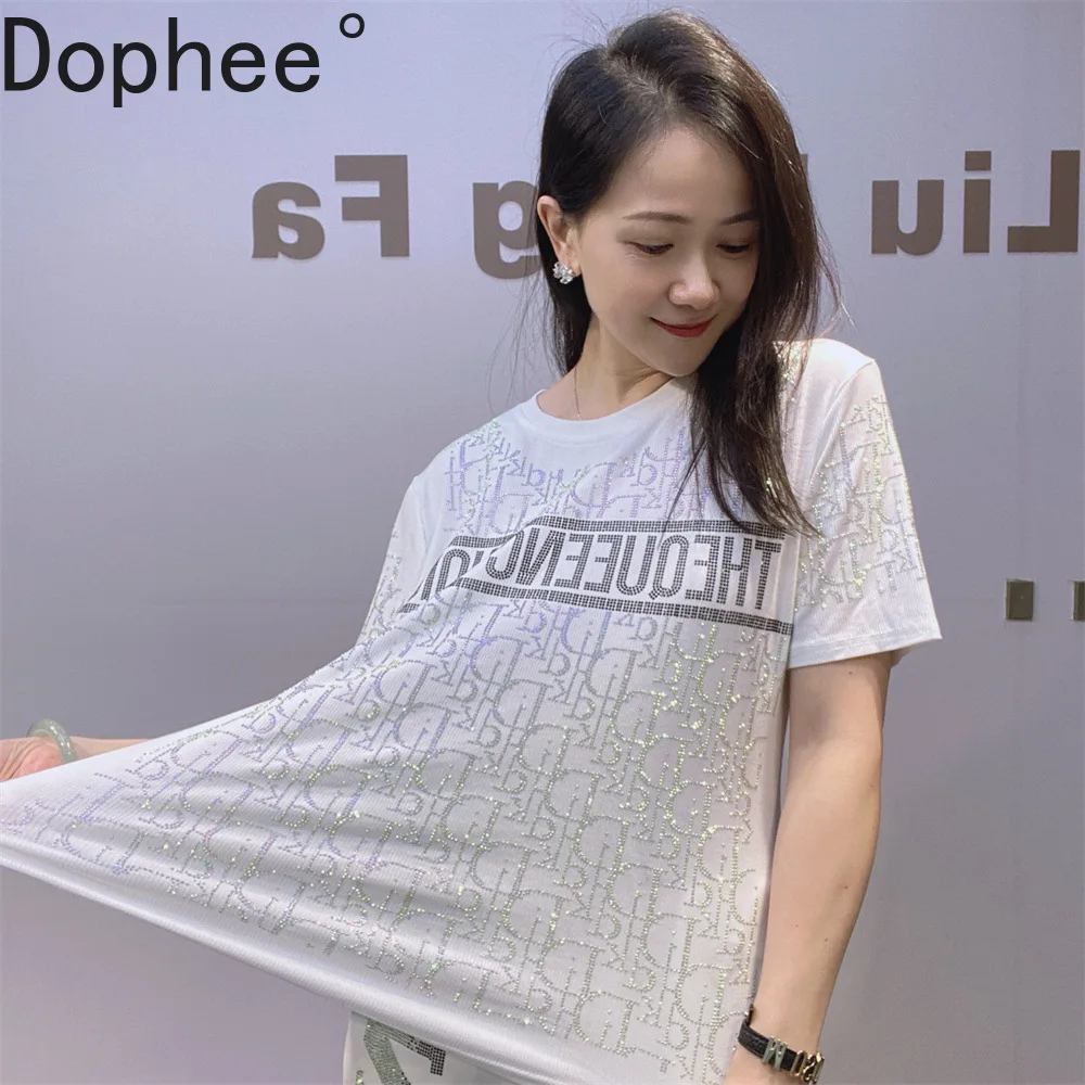 

Blingbling Letters Hot Drilling Summer Short Sleeve T-shirt Women O-neck Pullover Top Fashion High Stretch Casual Basic Tees