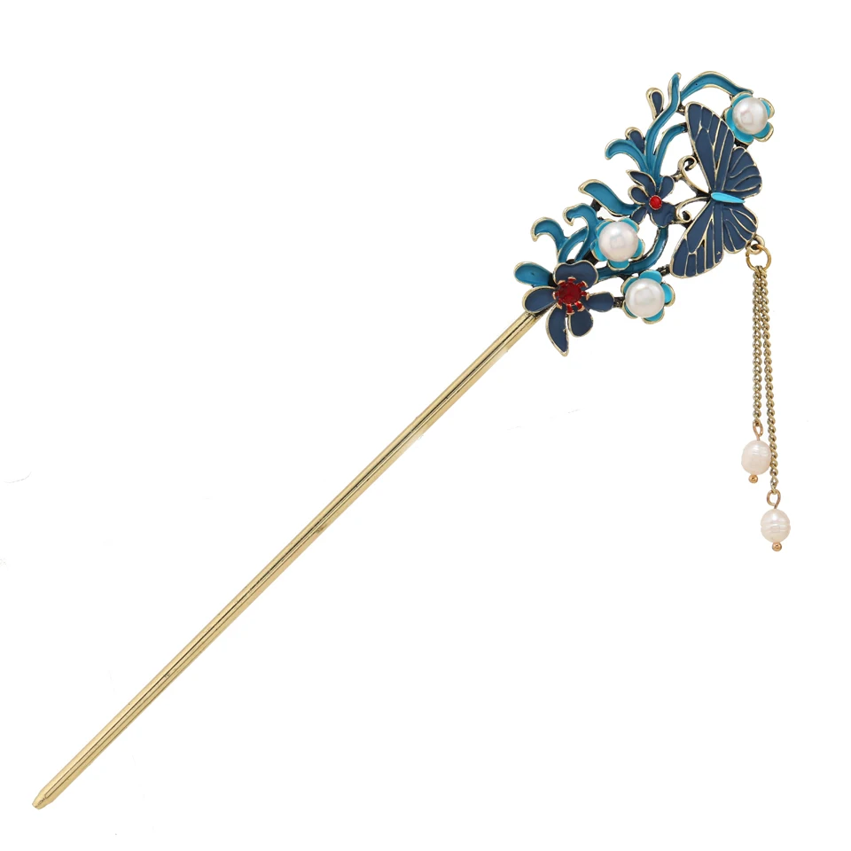 Morkopela Antiquity Handmade Hairpins Butterfly Flower Hairstick Cloisonne Enamel Blue Hair Pin Chinese Luxury Hairs Jewelry