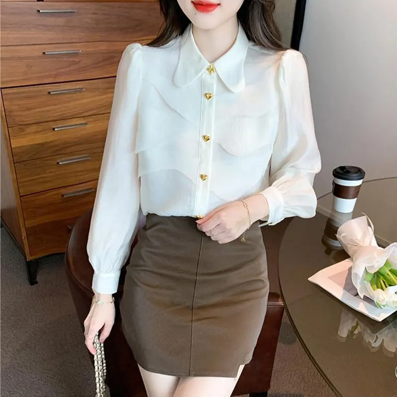 Stylish Patchwork Asymmetrical Blouse Solid Color Female Clothing Single-breasted Spring Autumn New Sweet Peter Pan Collar Shirt