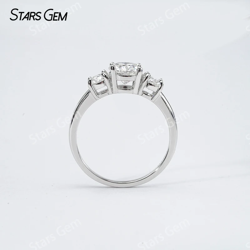 Starsgem S925 Sterling Silver Round Brilliant Cut Moissanite Three Stone Engagement Ring