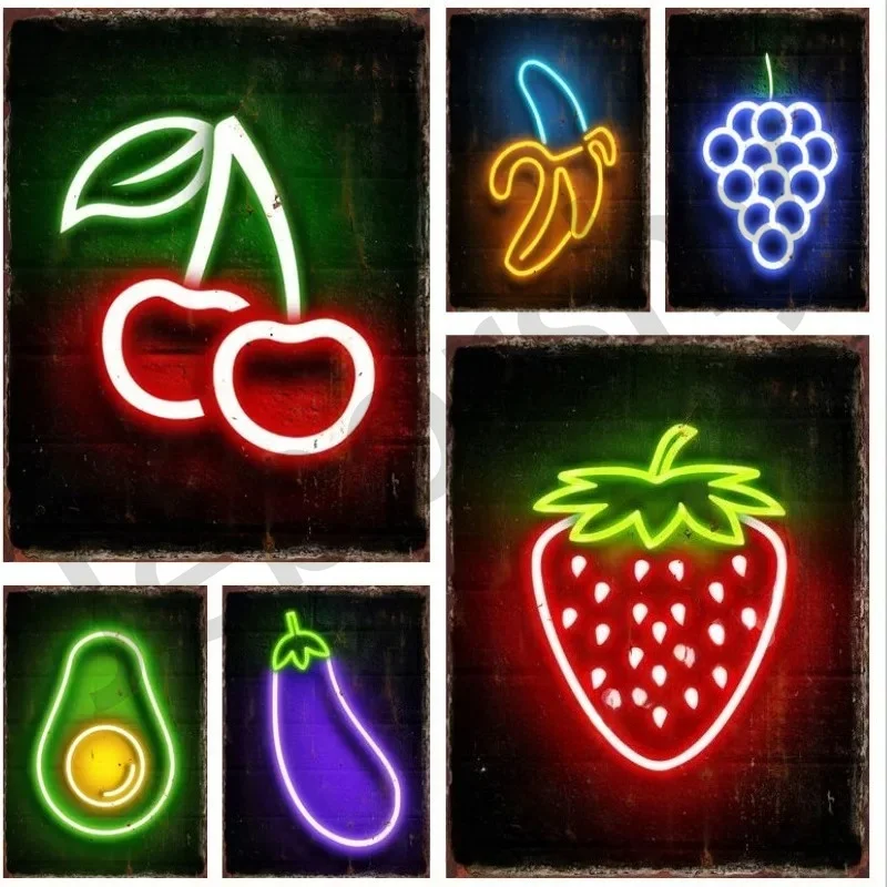 Cool Neon Signs Fruit Metal Tin Signs Cherry Banana Vintage Poster Room Decor Fruit Shop Plaques Wall Art Iron Plate Painting