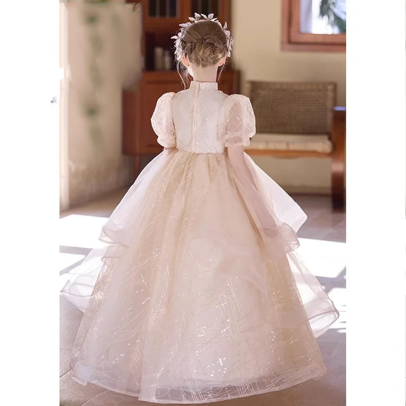 

Champagne Color Stand Collar Girl's Dress Flower Girl Host Light Luxury Gorgeous Princess Dress Children's Piano Performance Cos