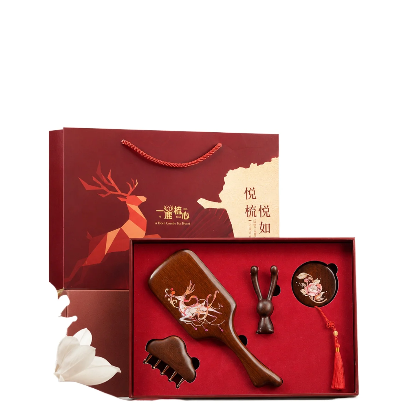 Natural Sandalwood Painted Air Cushioned Massage Comb Home Use Scalp Brush Gift Set for Women Men